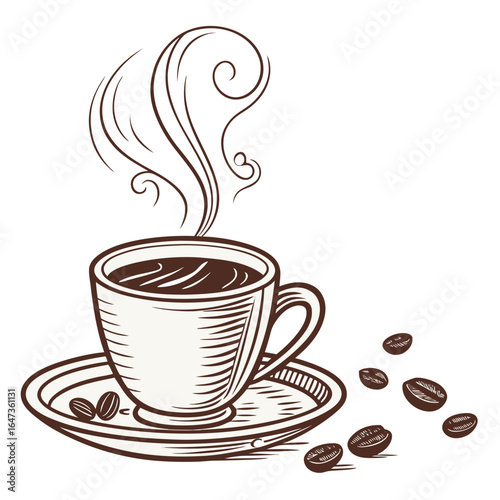 Steaming coffee cup with beans saucer