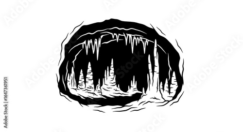mysterious cave entrance black and white illustration for adventure fantasy and geology designs perfect for branding book covers or tshirt prints