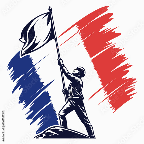 Man raising french flag bold brush strokes france tricolor
