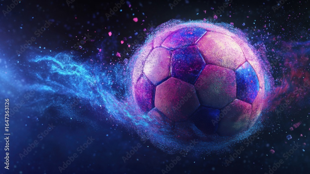 Naklejka premium Dynamic soccer ball soaring through nebula, energy trails and vibrant hues