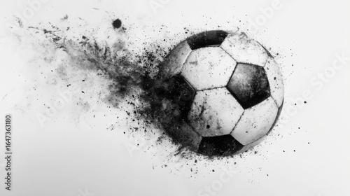 Dynamic monochrome rendering of a soccer ball disintegrating into particles