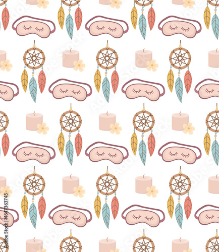 Colorful seamless pattern with dream catcher, sleep mask and candles.  Background with cute relaxation accessories
