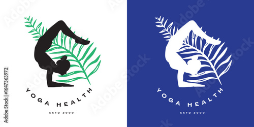Modern yoga pose silhouette logo design, simple and clean style for health and fitness branding.