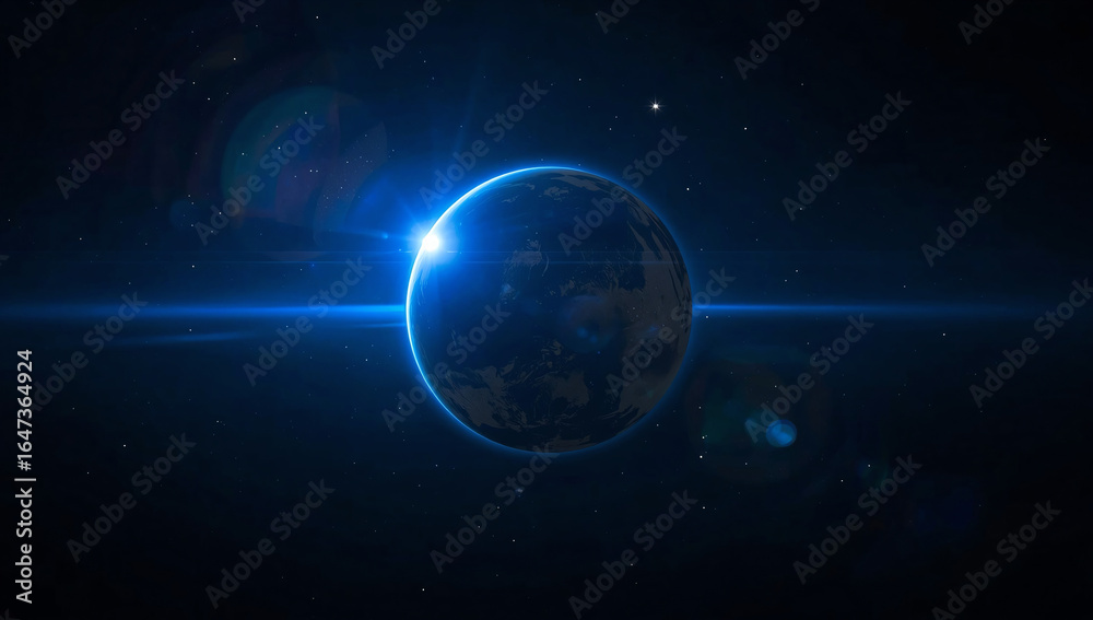 Fototapeta premium Epic cinematic sci-fi space scene with a dramatic blue light flare bursting from behind a detailed planet, creating an awe-inspiring cosmic atmosphere