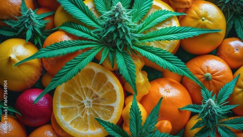 Fototapeta Naklejka Na Ścianę i Meble -  A cannabis plant with green leaves surrounded by citrus fruits like lemon, orange, and grapefruit arranged in a colorful display.