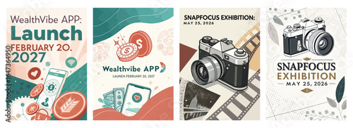 Graphic design showcasing two event launches: WealthVibe App on February 20, 2027, and Snapfocus Exhibition on May 25, 2026.