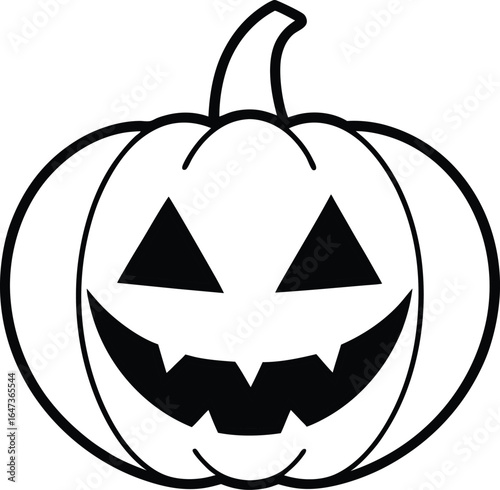 Black and white outline of a grinning jack-o-lantern with triangle eyes and sharp teeth pumpkin halloween