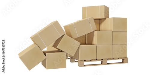 Failure of load securing resulting in cardboard boxes falling off wooden pallet. Isolated on a transparent background. 3D illustration