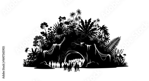 unveiling the mystery a crowd gathers before a lush hidden cave entrance in a tropical jungle symbolizing exploration discovery and the quest for the unknown