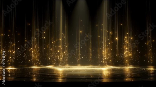 Award party stage golden glitter animation. stars lights particles. Luxury light streak. Particle, luxury awards ceremony background, Oscar 4K 3D spot flashing party stage new year. 3D Illustration