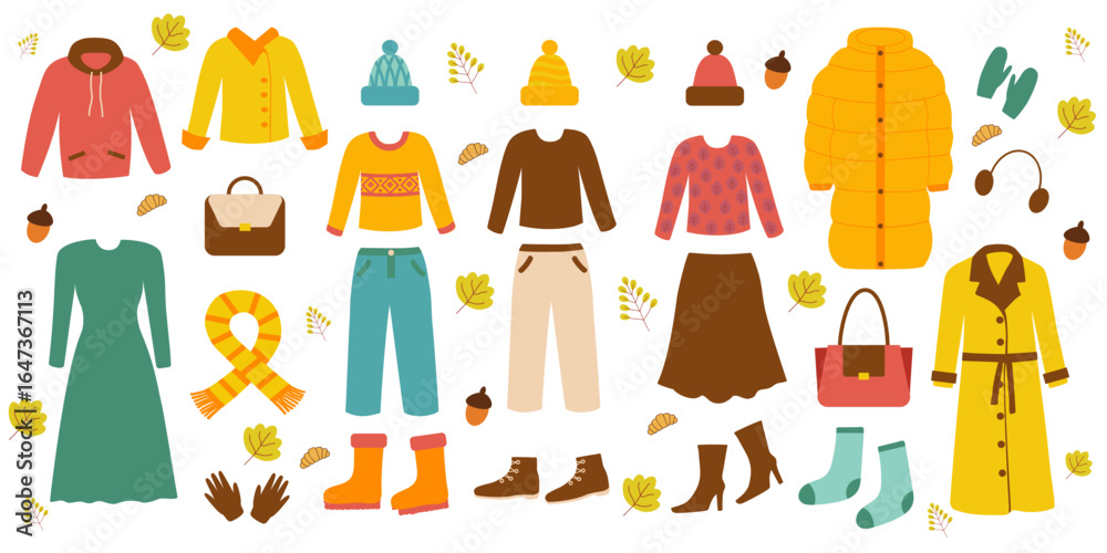 Fototapeta premium Modern warm wear, casual style, down jackets, bombers, knitted sweaters, hats and scarves, jackets and boots