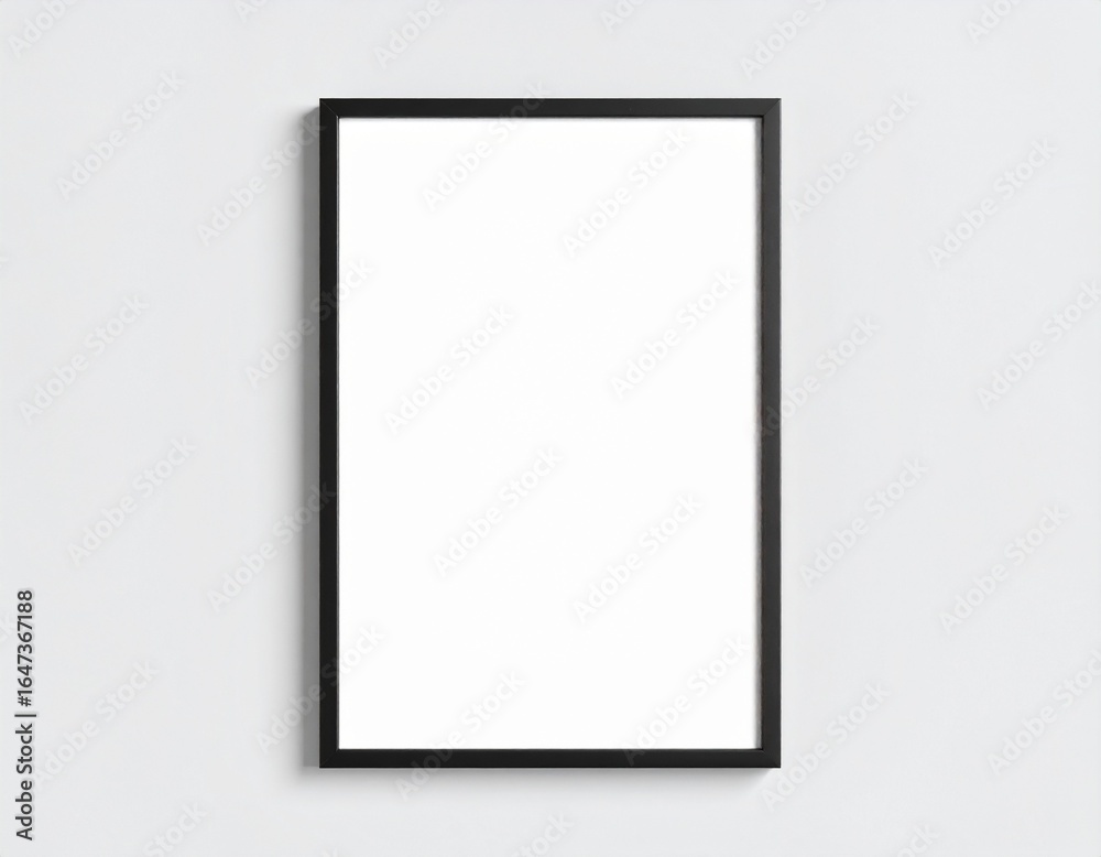 Obraz premium Vertical black photo frame mockup hanging on a plain white wall with space for text.