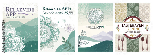 A collection of four elegant promotional posters for Relaxvibe App and Tastehaven Opening, featuring calming colors.