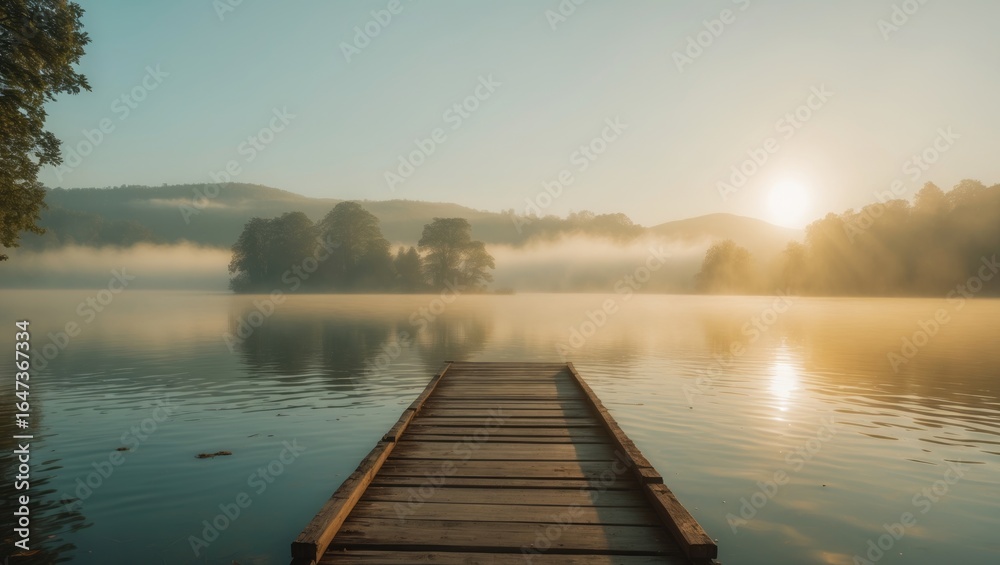 Fototapeta premium Calm lake scene with a wooden dock, mist over water, and sunrise or sunset, creating a peaceful and tranquil atmosphere.
