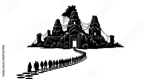pilgrimage to lost civilization a silhouette illustration of a winding path leading to ancient ruins symbolizing journey exploration and the search for heritage