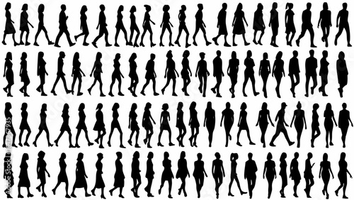 Silhouette collection of diverse walking people in various poses and clothing styles in a single file
