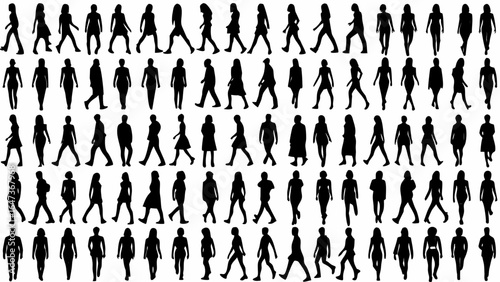 Illustration of a large group of black silhouettes of people walking in various directions and poses