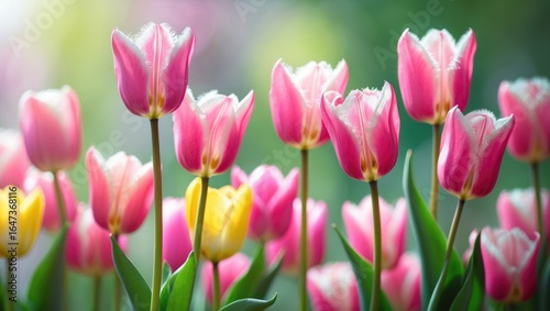 Pink and yellow tulips in full bloom with green leaves and stems, vibrant and fresh, on a blurred background.