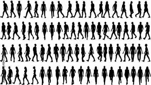 Silhouette of many people walking in rows in different poses and different body shapes and sizes