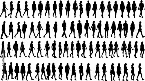 Silhouettes of people walking in various poses and styles arranged in multiple rows and columns format