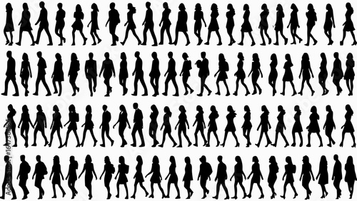 Silhouettes of people walking in rows showing a diverse group of individuals in various poses and outfits