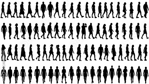 Silhouette illustration showing multiple rows of people walking in various directions and poses