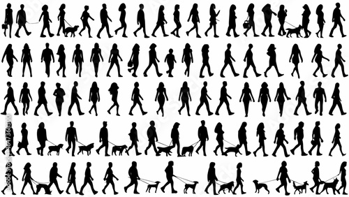Silhouette crowd of people walking and strolling with dogs on leashes in various poses and positions