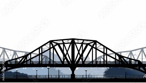 Silhouette of a bridge with intricate metalwork and streetlights against a blurred landscape background |  editable eps vectors