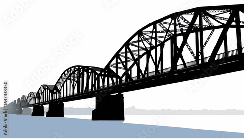 Silhouette of a long arched bridge spanning water with a city skyline in the background on a white day |  editable eps vectors