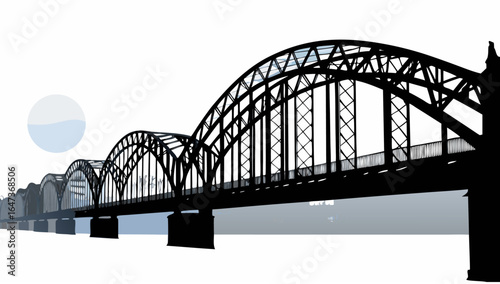 Silhouette of a long arch bridge with multiple arches spanning across a body of water and a pale moon above |  editable eps vectors
