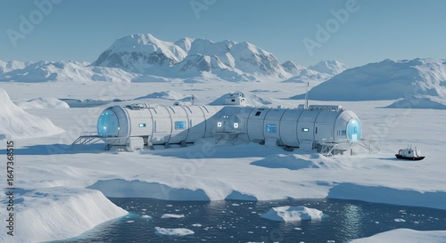 Arctic research station with cylindrical modules in a snowy landscape with mountains