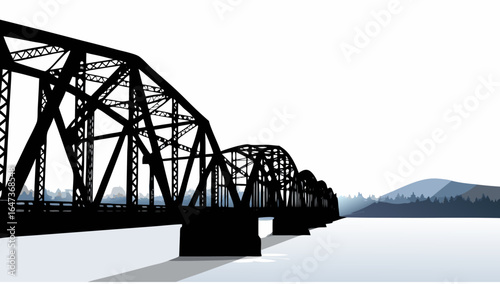 Silhouette of a long steel bridge spanning over water with mountains in the distance on a clear day |  editable eps vectors