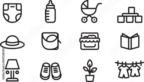 Baby care items and household objects diaper bottle