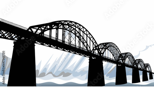 Silhouette of a long arched bridge with multiple spans over water and cloudy sky in the background |  editable eps vectors