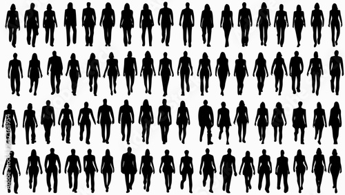 Silhouette crowd of people walking forward in a group formation on a white background illustration