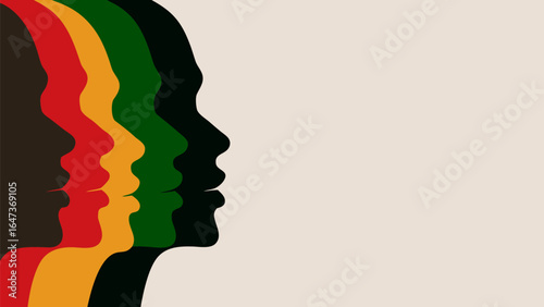 Colorful silhouette profiles of diverse individuals in a row against a neutral background artwork