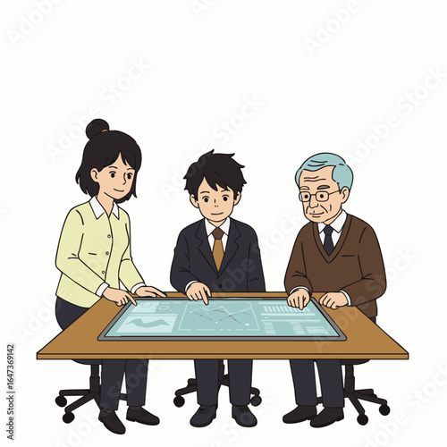 A diverse, multi-generational business team collaborates around an interactive digital table, fostering innovation and inclusive corporate social responsibility.