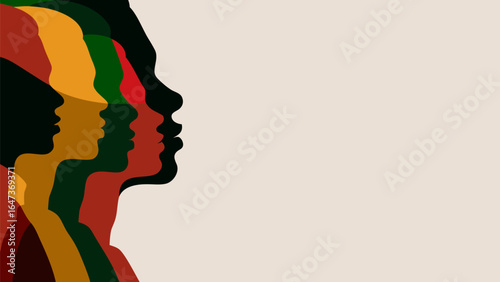 Colorful silhouettes of faces in a row representing diversity and cultural heritage on a light background