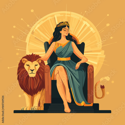 Majestic Queen on Throne with Lion