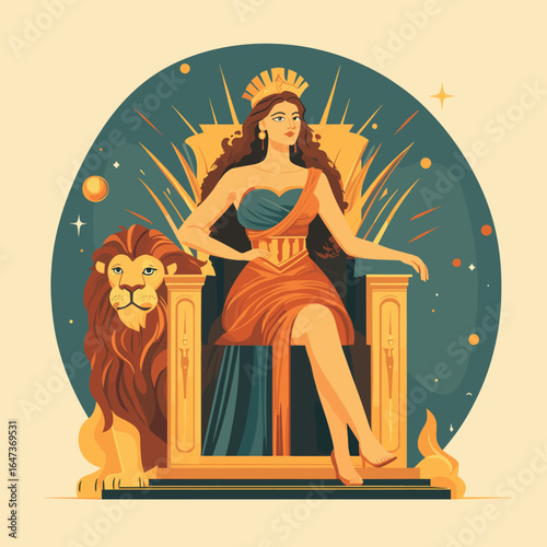 Majestic Queen on Throne with Lion