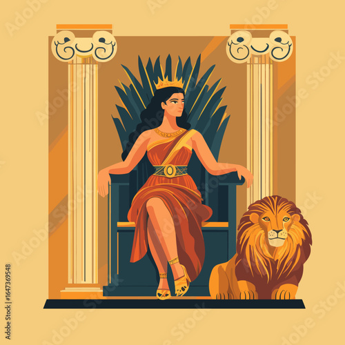Majestic Queen on Throne with Lion