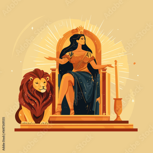 Majestic Queen on Throne with Lion