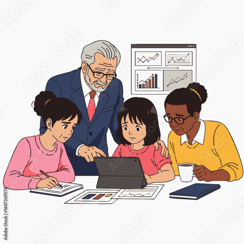 A diverse, multi-generational team collaborates on a business project, fostering inclusion and knowledge sharing in a modern corporate environment.