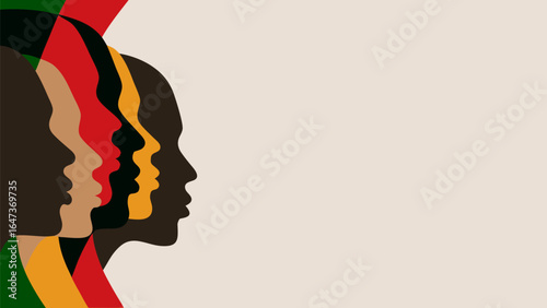 Silhouettes of diverse faces in profile with black history month colors in a graphic design image