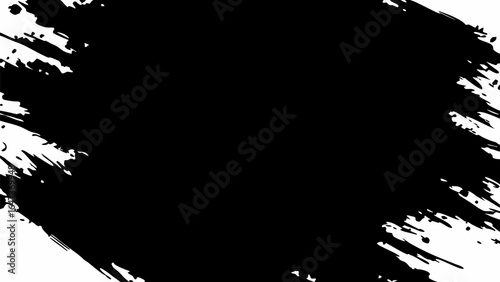 Black ink blot with jagged edges and splatters against a white background creating a stark contrast