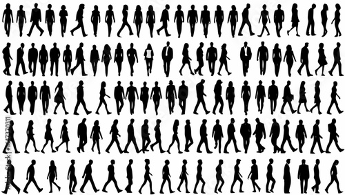 Silhouette illustration showing many people walking in various poses and directions in a large group scene