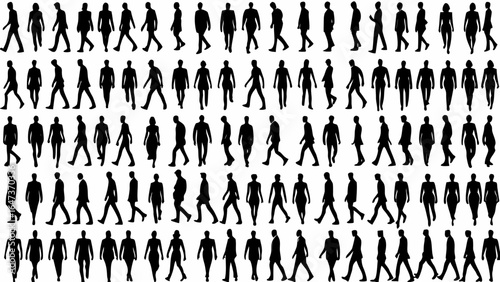 Silhouettes of people walking in various poses and directions in a large group illustration design
