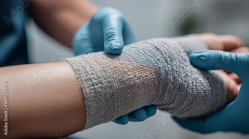Female healthcare worker applying a bandage to a patient's injured arm.