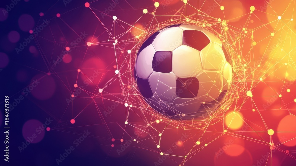 Naklejka premium Futuristic soccer ball surrounded by an abstract glowing network illustration