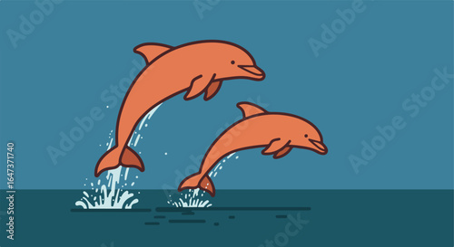 Two orange dolphins leaping from ocean, stylized, splash water effect